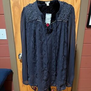 NWT Anthropologie TINY Navy Long Sleeve Blouse L Sheer Sleeves